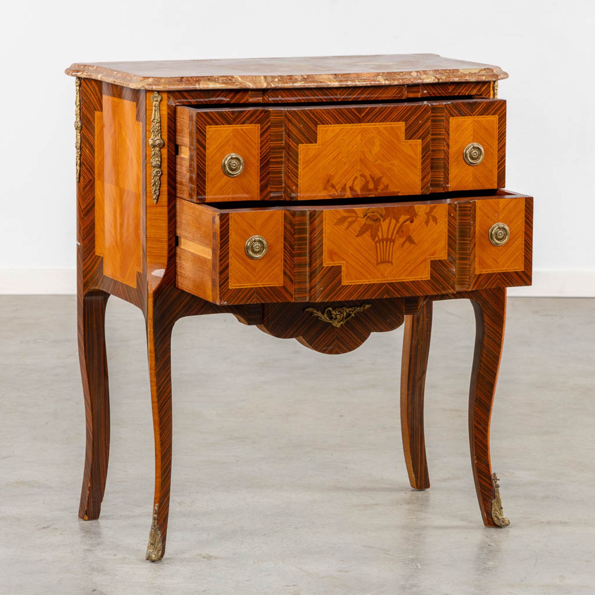 A two drawer side cabinet, marquetry inlay with a marble top. (L:39 x W:72 x H:81 cm) - Image 3 of 13