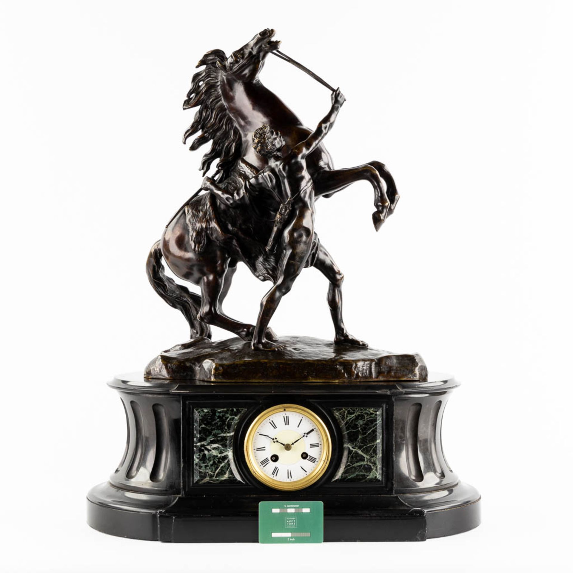 A Mantle clock, black marble mounted with a patinated bronze 'Marly Horse', 19th C. (L:29 x W:55 x H - Bild 2 aus 12
