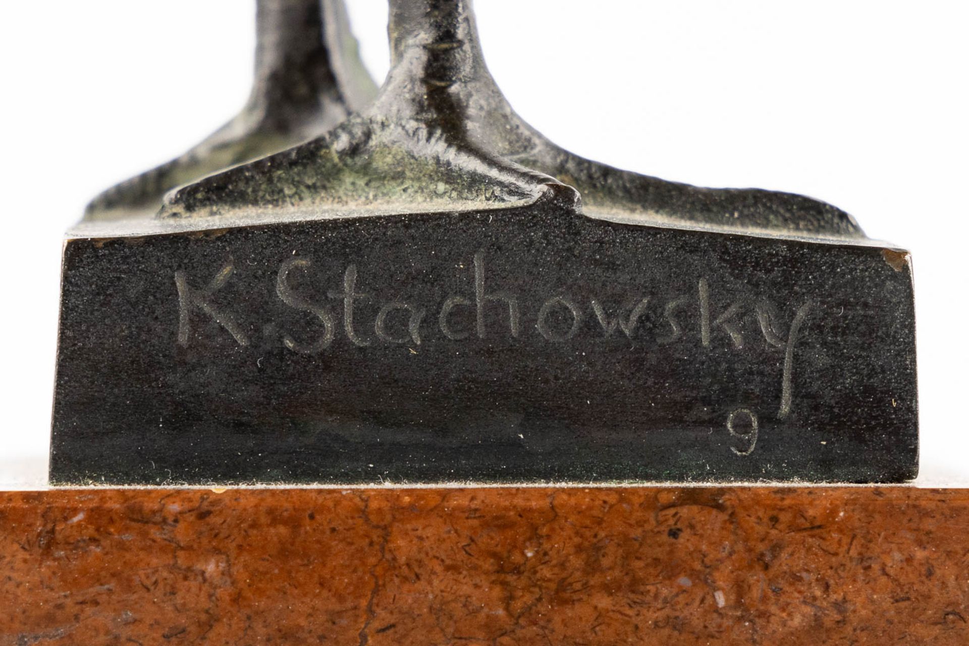 K. STACHOWSKY (XIX-XX) 'Rooster' patinated bronze on marble. (L:15 x W:7 x H:26 cm) - Bild 10 aus 11