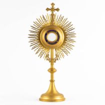 A Sunburst Monstrance, gilt brass finished with blue enamel. (L:16 x W:30 x H:60 cm)