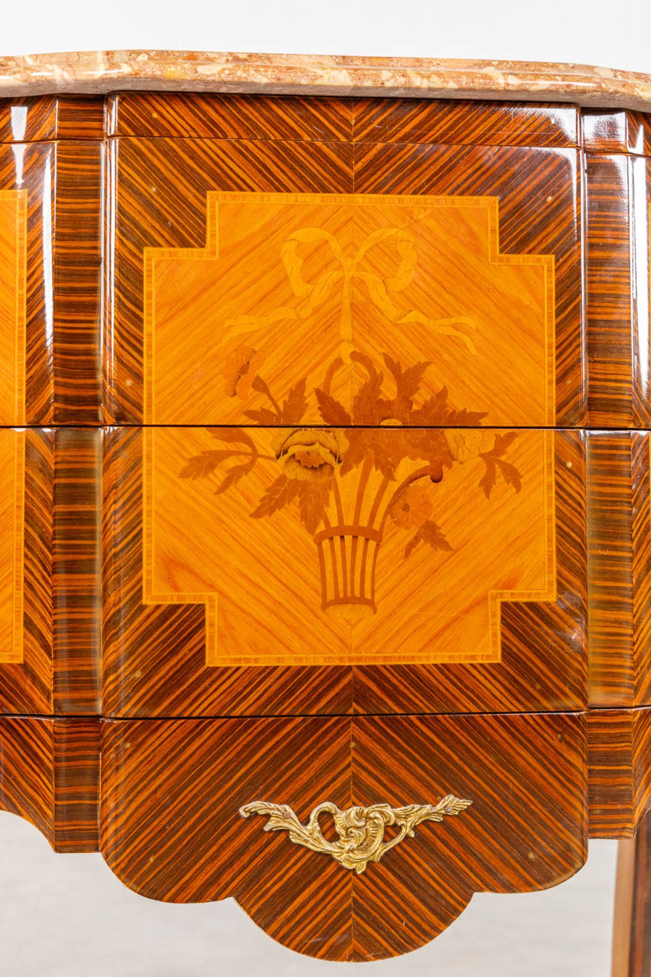 A two drawer side cabinet, marquetry inlay with a marble top. (L:39 x W:72 x H:81 cm) - Image 9 of 13