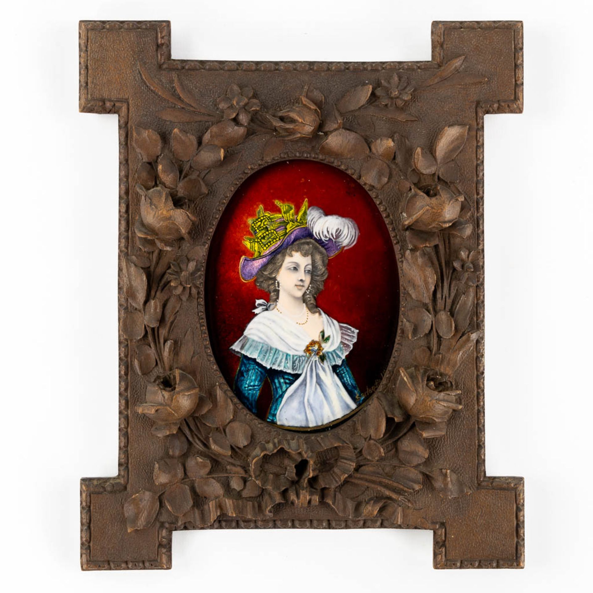 Jules SARLANDIE (1874-1936) 'Portrait of a lady' enamel plaque for Limoges. (W:21,5 x H:26,5 cm)