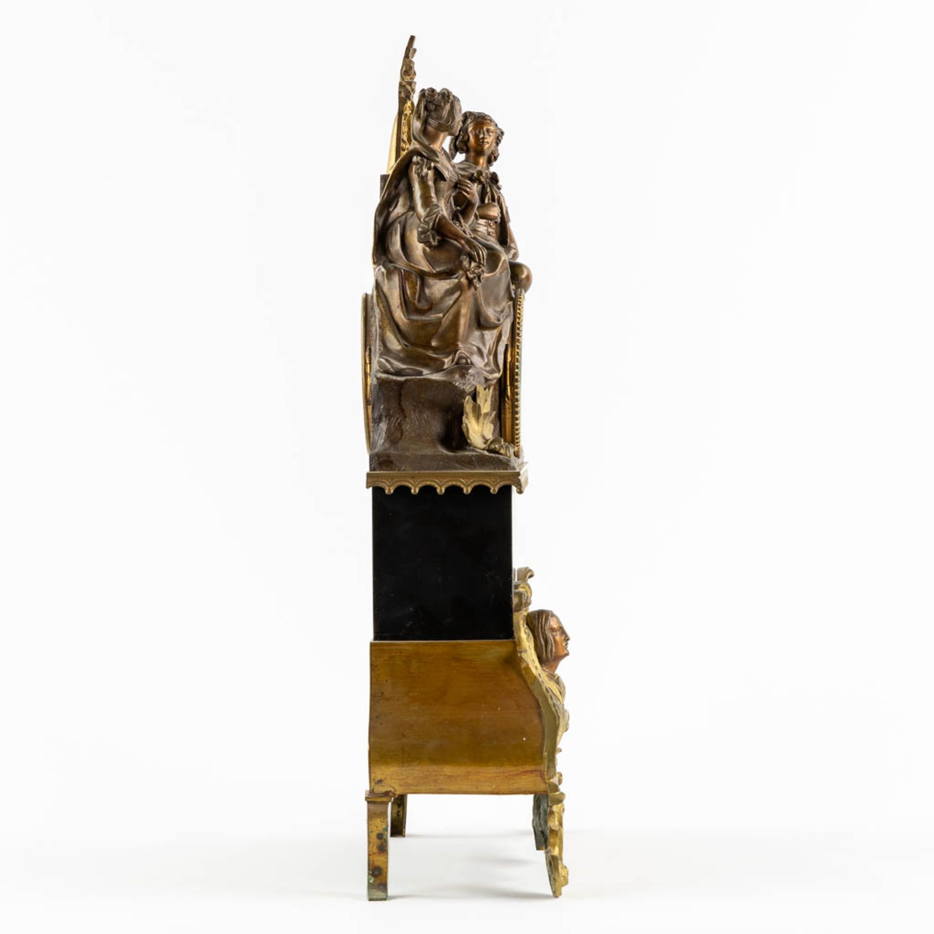 An antique mantle clock 'The Prayer', patinated and gilt bronze, black marble. 19th C. (L:12 x W:33 - Image 4 of 12