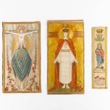 Three banners with embroidered images of Jesus Christ and Virgin Mary. (W:55 x H:102 cm)