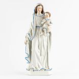 A large figurine of 'Madonna with a child' polychrome porcelain. 19th C. (L:17 x W:21 x H:52 cm)