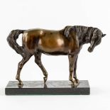 A patinated bronze figurine of a horse, black marble. (L:11 x W:27 x H:18 cm)