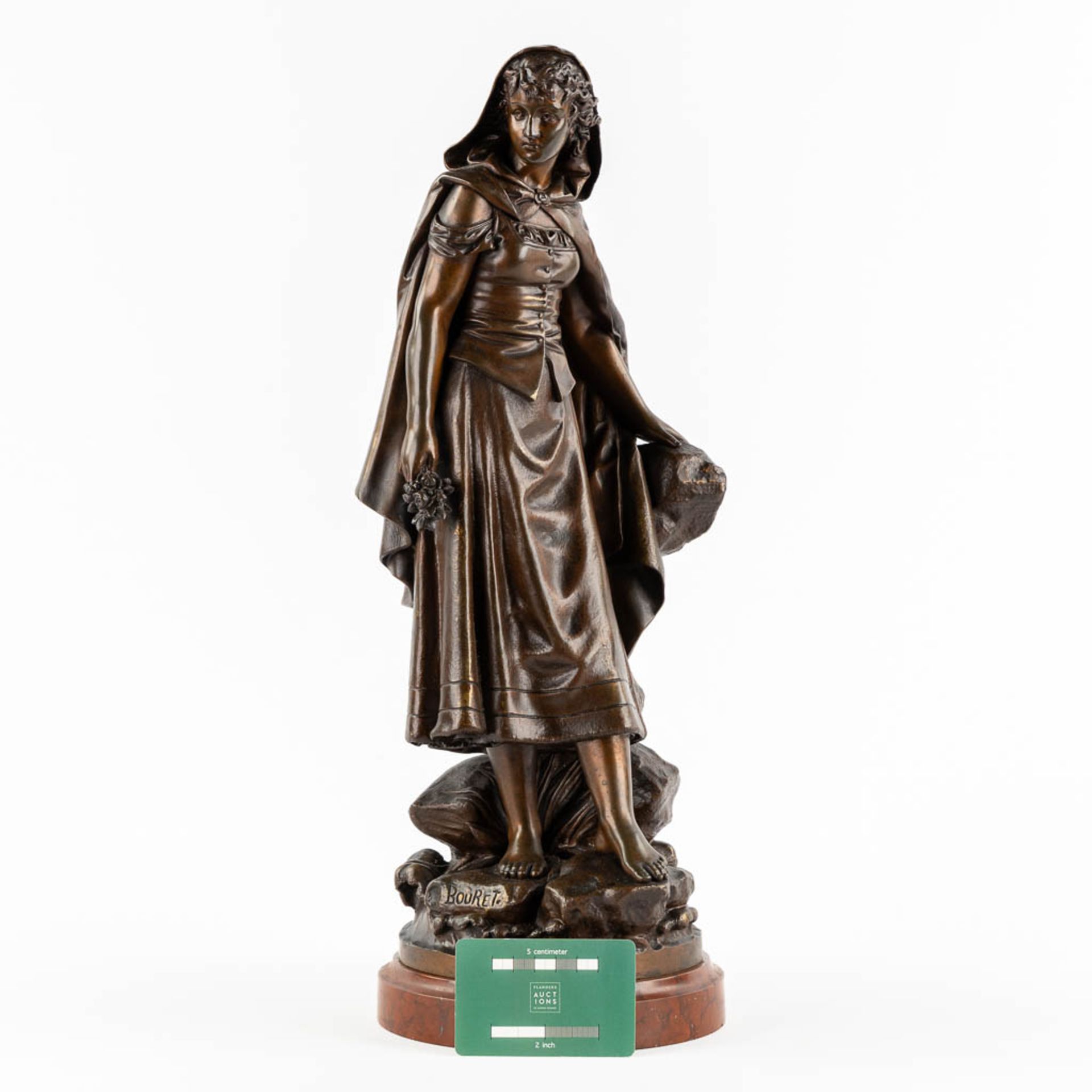 Eutrope BOURET (1833-1906) 'Lady with flowers' patinated bronze on a marble base. (L:19 x W:17 x H:4 - Image 2 of 11