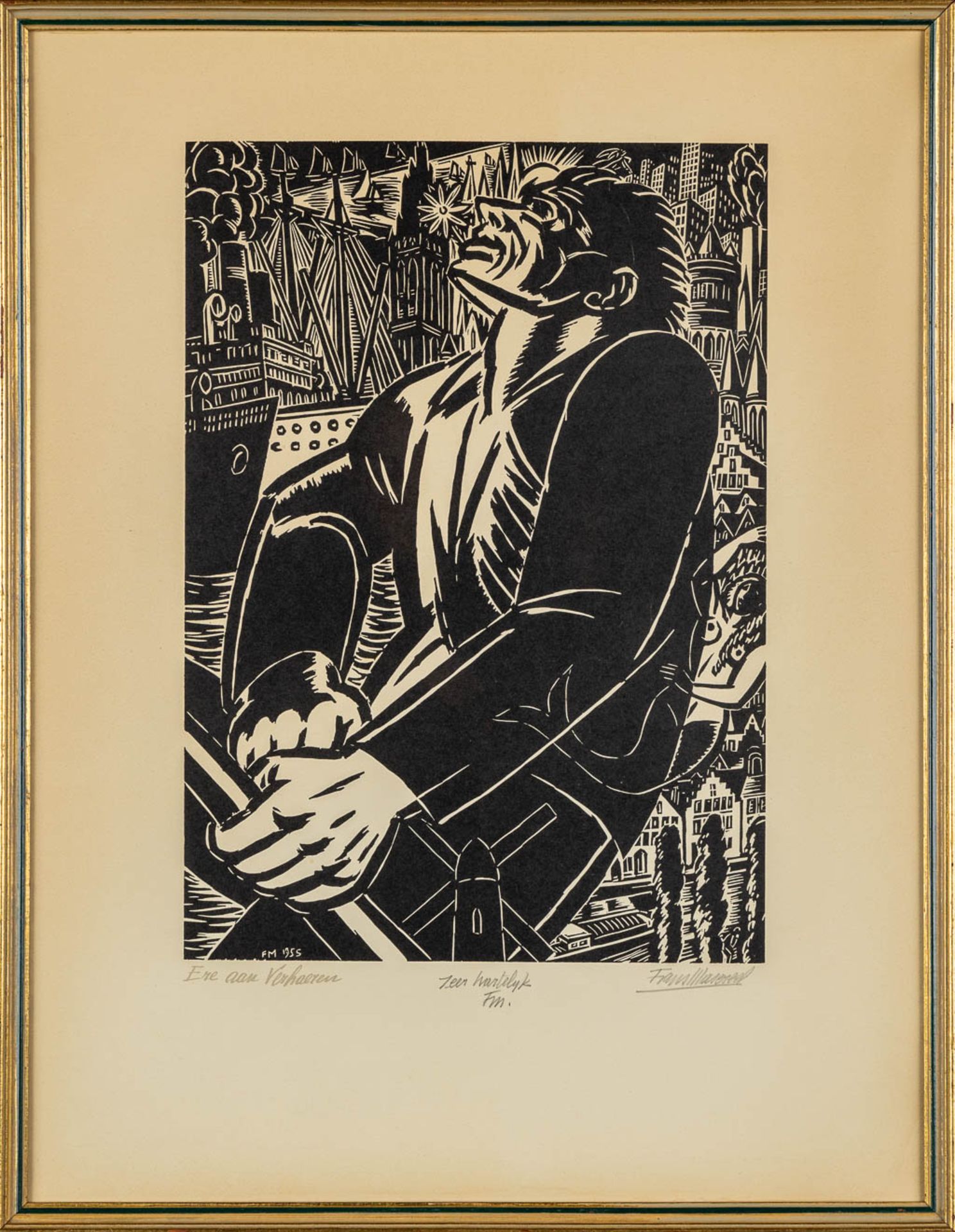 Frans MASEREEL (1889-1972) 'Ere Aan Verhaeren' een houtsnede. 1955. (W:32 x H:45 cm) - Image 3 of 8