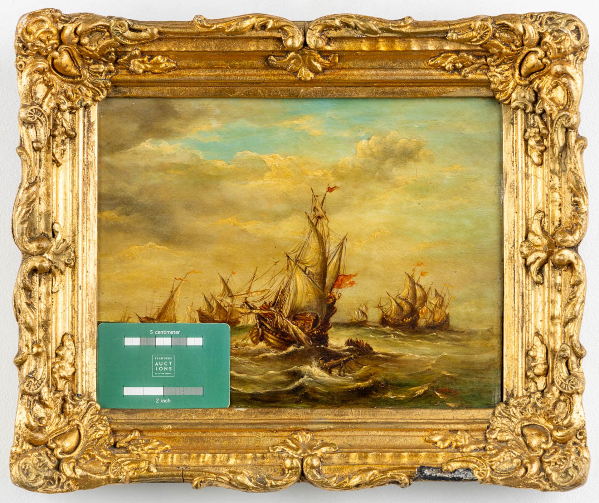 An antique painting 'Marine' English or Dutch School, Oil on panel. Signed Guding. 19th C. (W:27 x H - Bild 2 aus 7