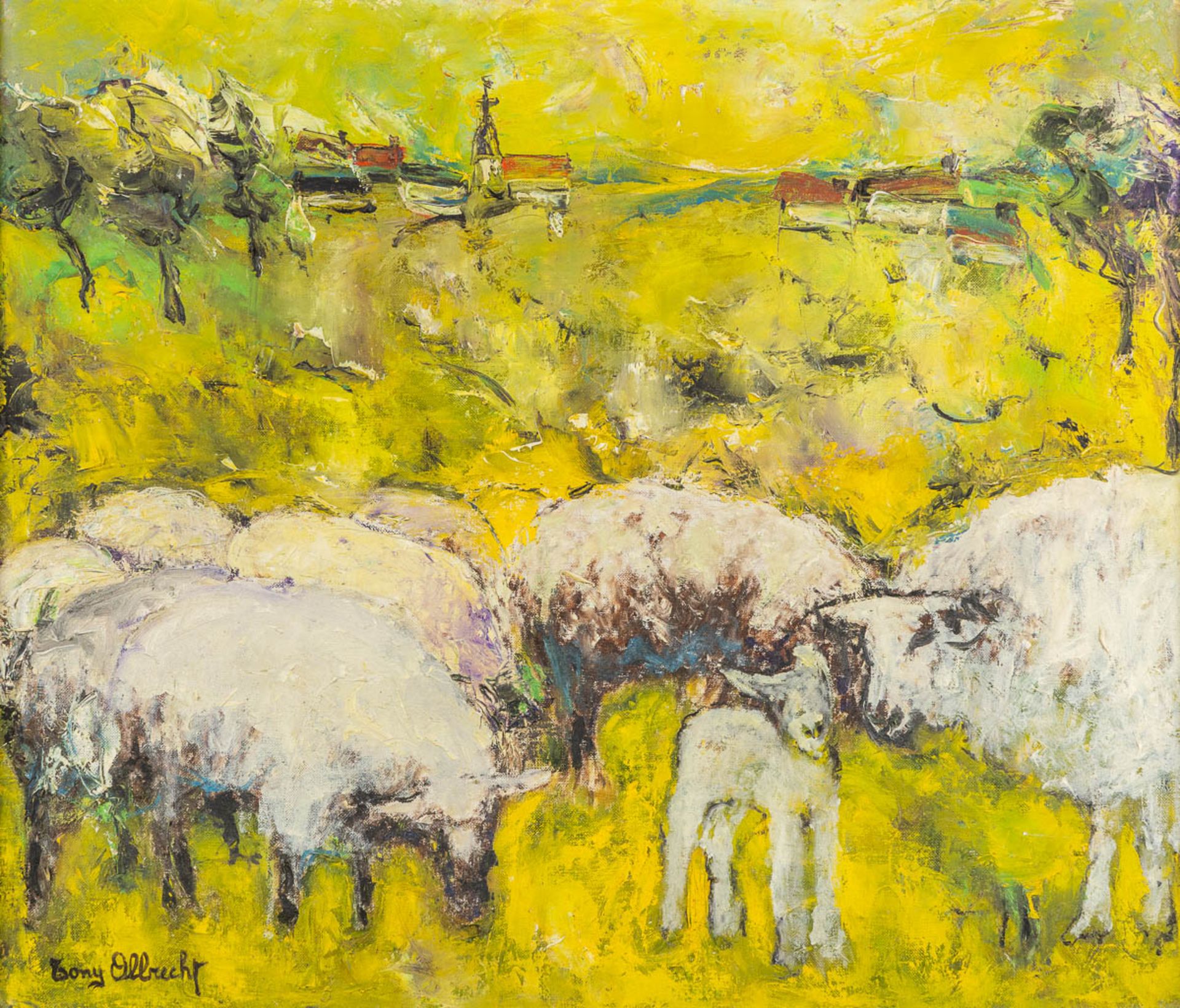 Tony ALBRECHT (1925) 'Expressionistisch landschap met schapen'. (W:70 x H:60 cm) - Image 3 of 8