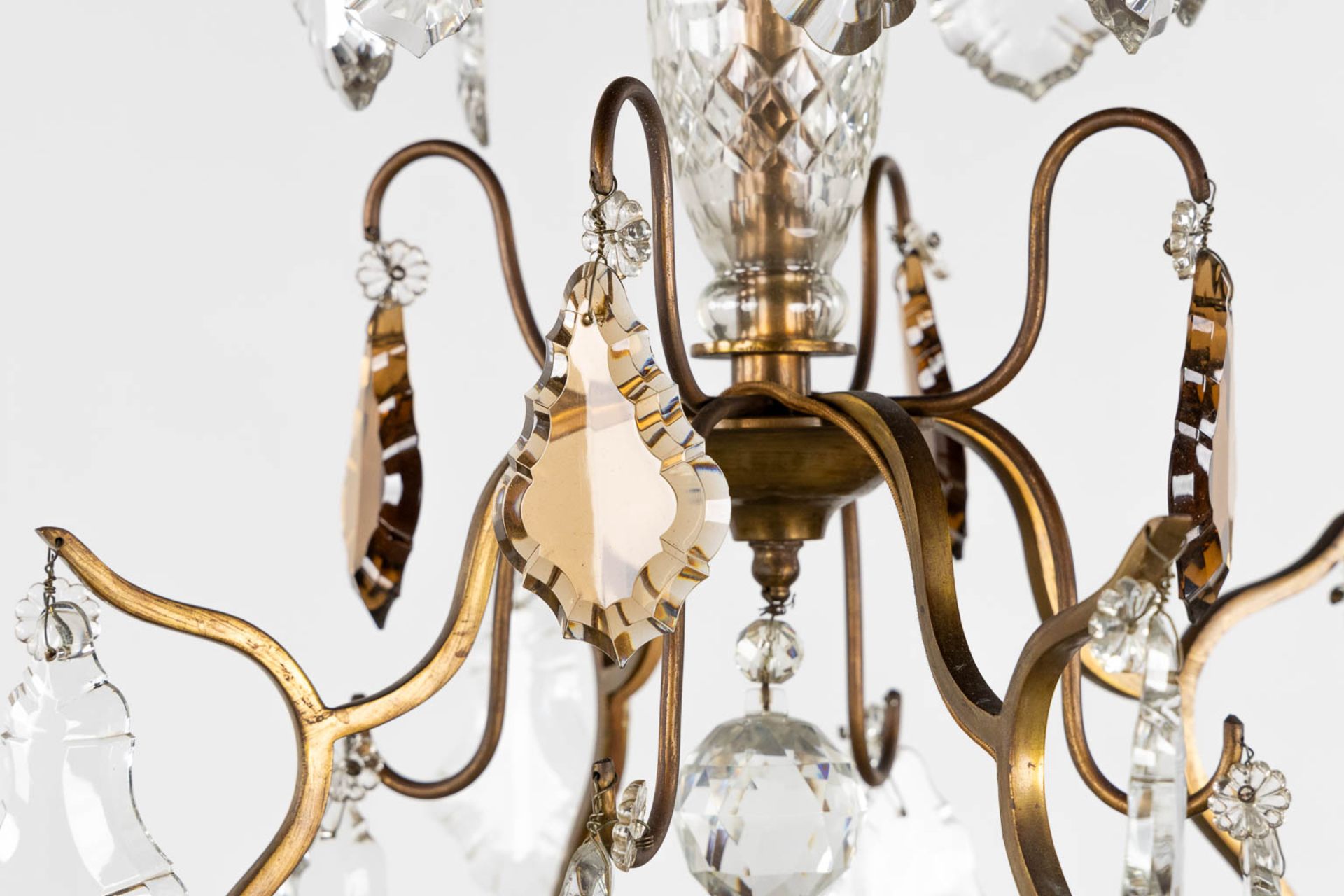 An antique chandelier, brass with coloured and white glass. Circa 1930. (H:80 x D:68 cm) - Image 5 of 11