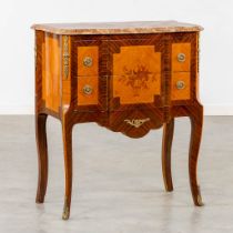 A two drawer side cabinet, marquetry inlay with a marble top. (L:39 x W:72 x H:81 cm)
