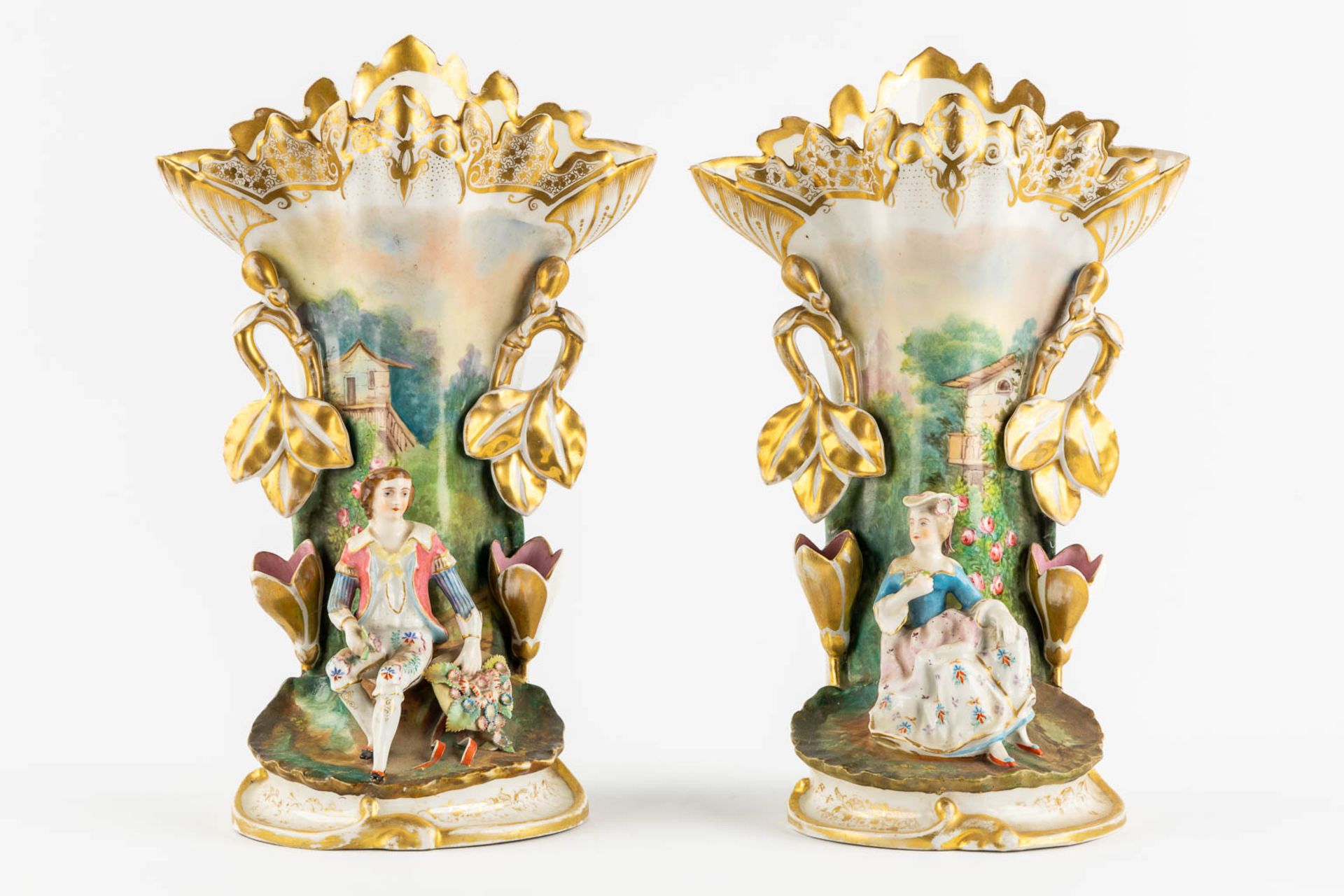 Two pair of Vieux Bruxelles vases, decorated with flowers and figurines. (L:20 x W:26 x H:39 cm) - Bild 11 aus 19