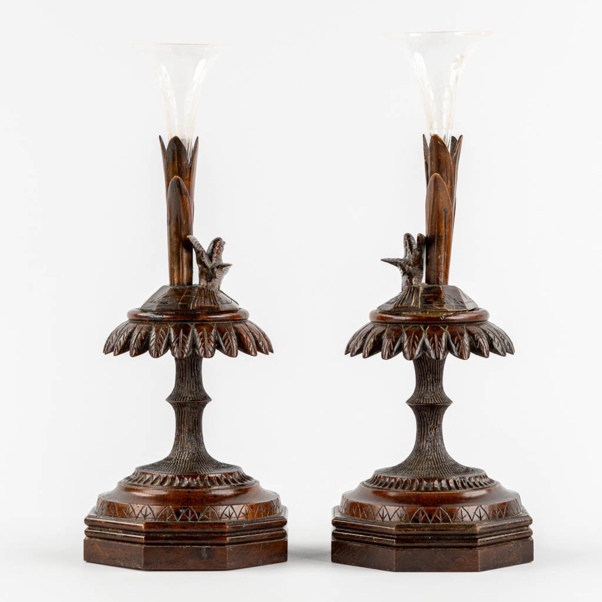 Two bases for Trumpet Vases, Schwartzwald or Black Forest. Circa 1880. (L:14,5 x W:14,5 x H:40 cm) - Image 6 of 11