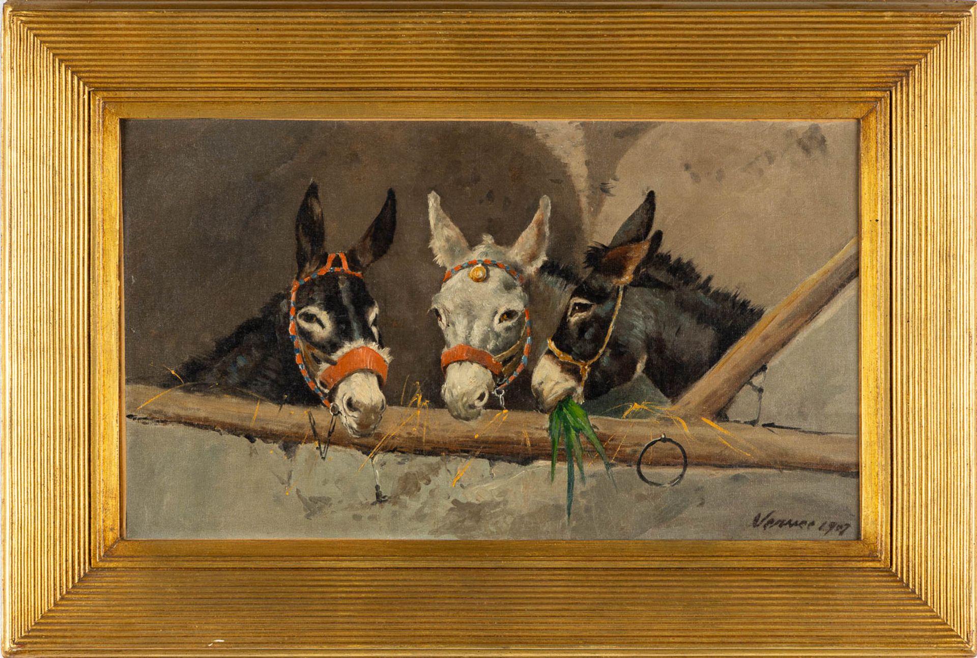 Alfred VERWEE (1838-1895)(Attr.) 'Three Donkeys' oil on canvas. 1907. (W:52 x H:30,5 cm) - Bild 3 aus 6