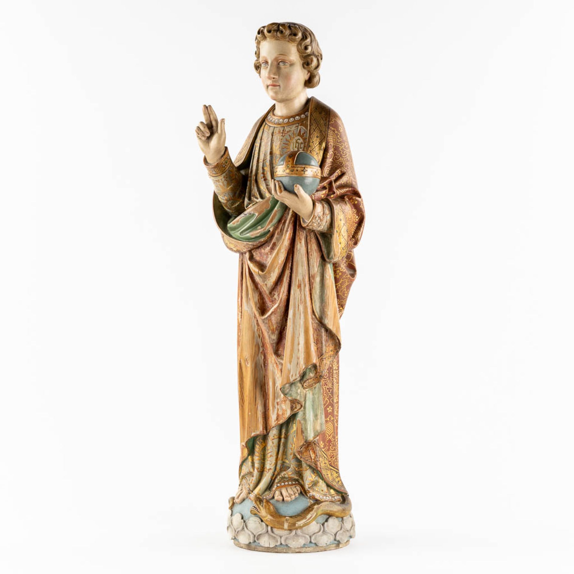 An antique wood-sculptured figurine of Salvator Mundi, holding a globus cruciger and serpent. 19th C - Image 3 of 12