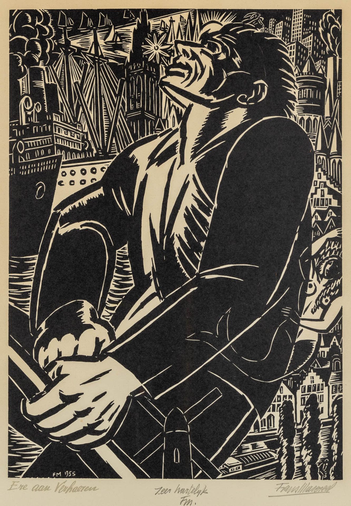 Frans MASEREEL (1889-1972) 'Ere Aan Verhaeren' een houtsnede. 1955. (W:32 x H:45 cm)