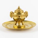 An inkpot decorated with ram's and garlands heads in Louis XVI style. Gilt bronze. (H:13 x D:19 cm)