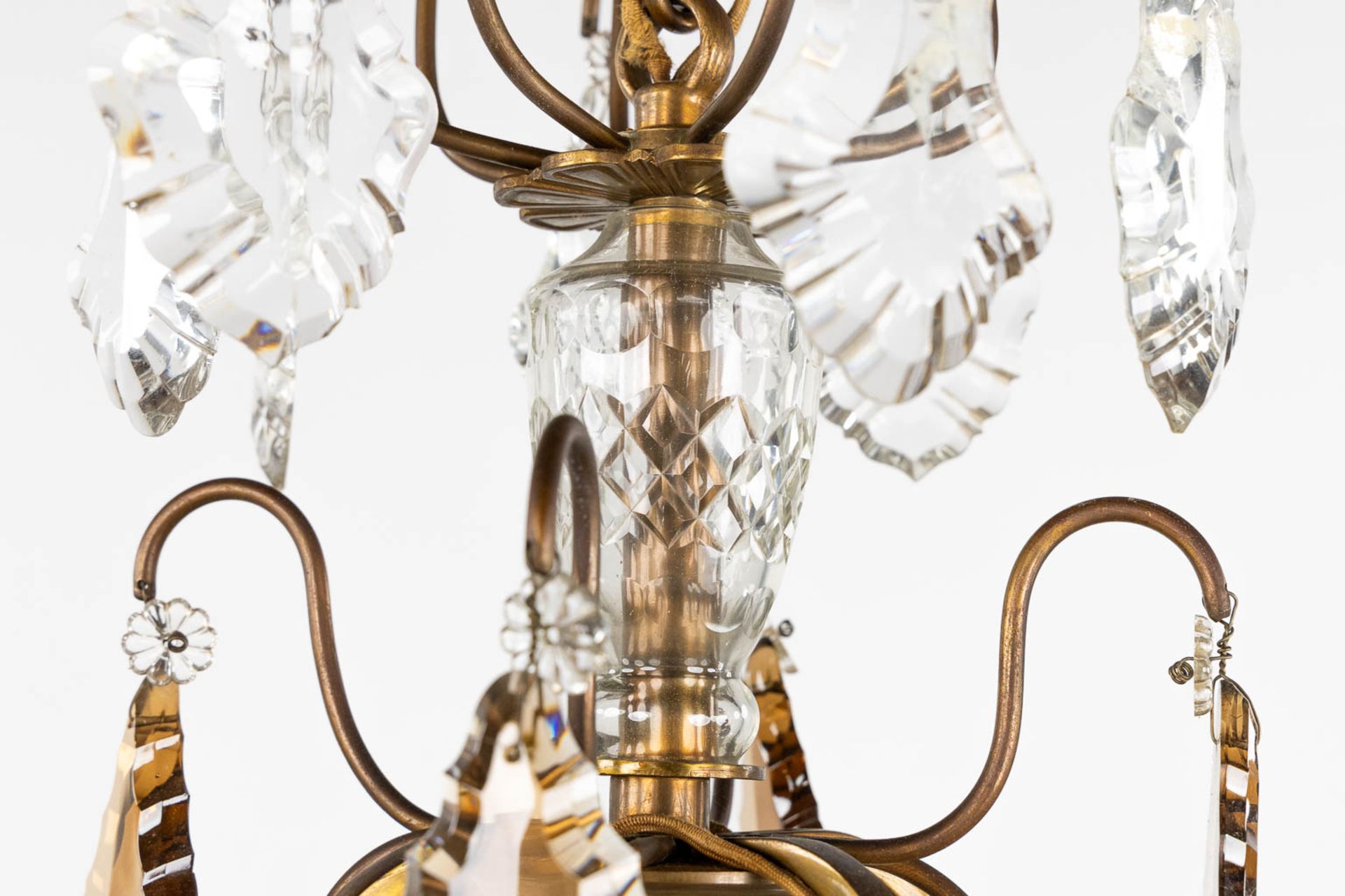 An antique chandelier, brass with coloured and white glass. Circa 1930. (H:80 x D:68 cm) - Image 10 of 11