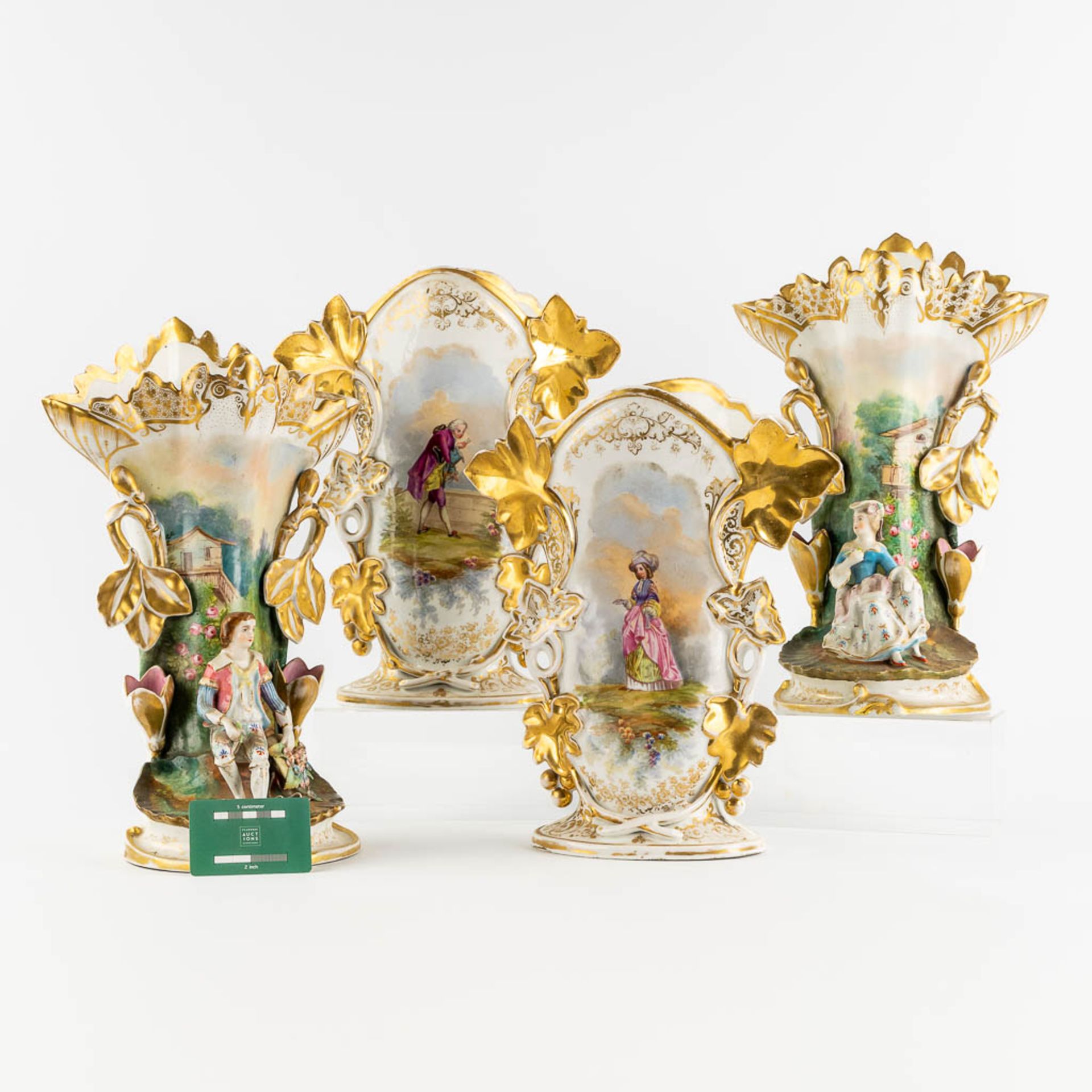 Two pair of Vieux Bruxelles vases, decorated with flowers and figurines. (L:20 x W:26 x H:39 cm) - Bild 2 aus 19