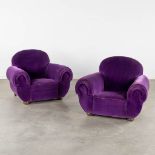 A pair of armchairs with purple fabric upholstry, France, Art Deco. (L:84 x W:109 x H:87 cm)