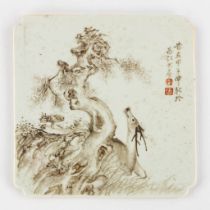 A Chinese tile decorated with Fauna and Flora. (W:18,5 x H:18,5 cm)