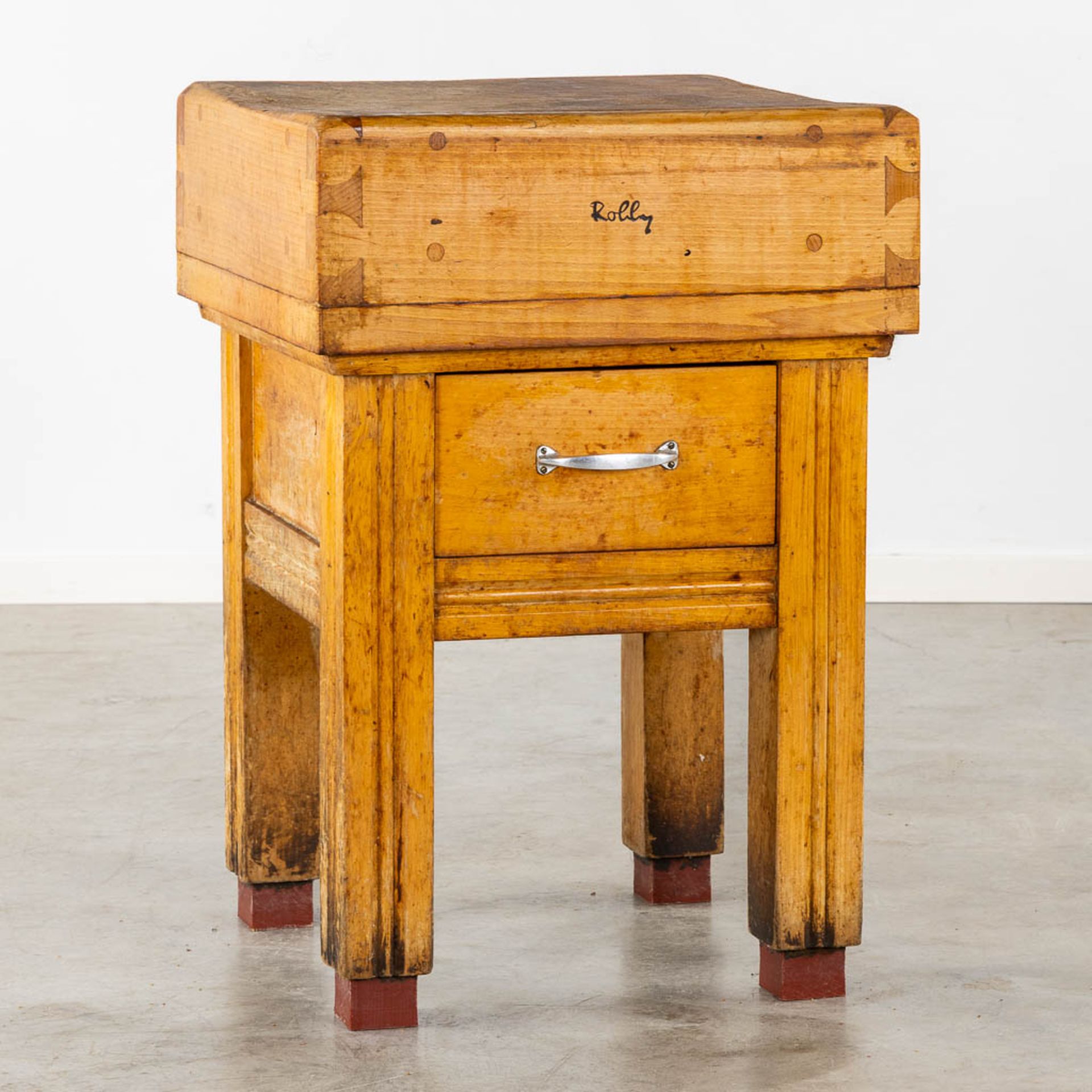 A decorative 'Butchers Block', solid hardwood. (L:60 x W:60 x H:87 cm)