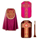 A Cope and Two Roman chasubles, a stola. Embroideries with an IHS logo.