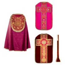 A Cope and Two Roman chasubles, a stola. Embroideries with an IHS logo.