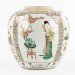 A Chinese ginger jar, Famille Verte decorated with bonsai, antiquities and ladies. 19th/20th C. (H:2