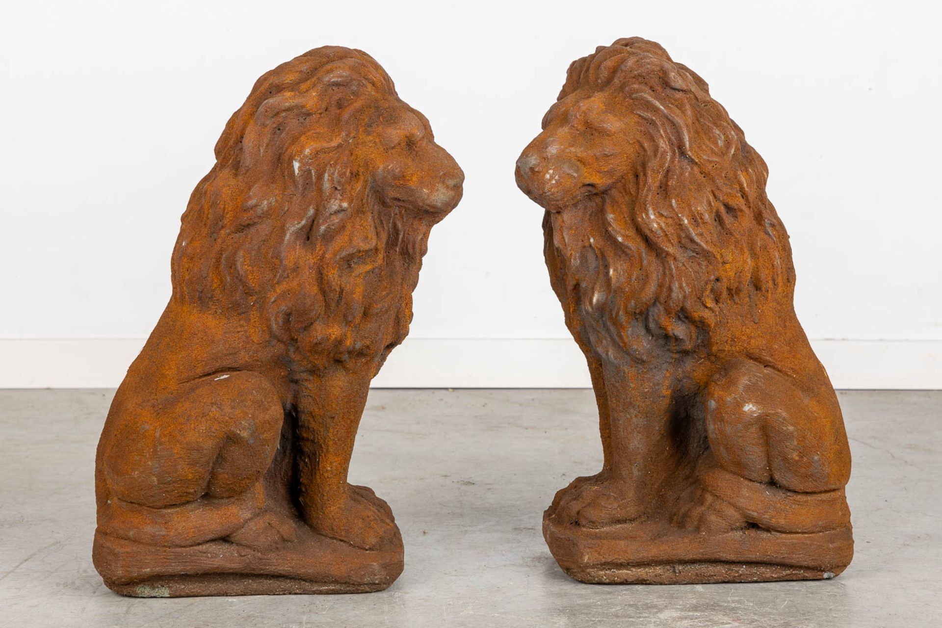A pair of decorative garden figurines of lions, cast-iron. (H:54 cm) - Image 5 of 10
