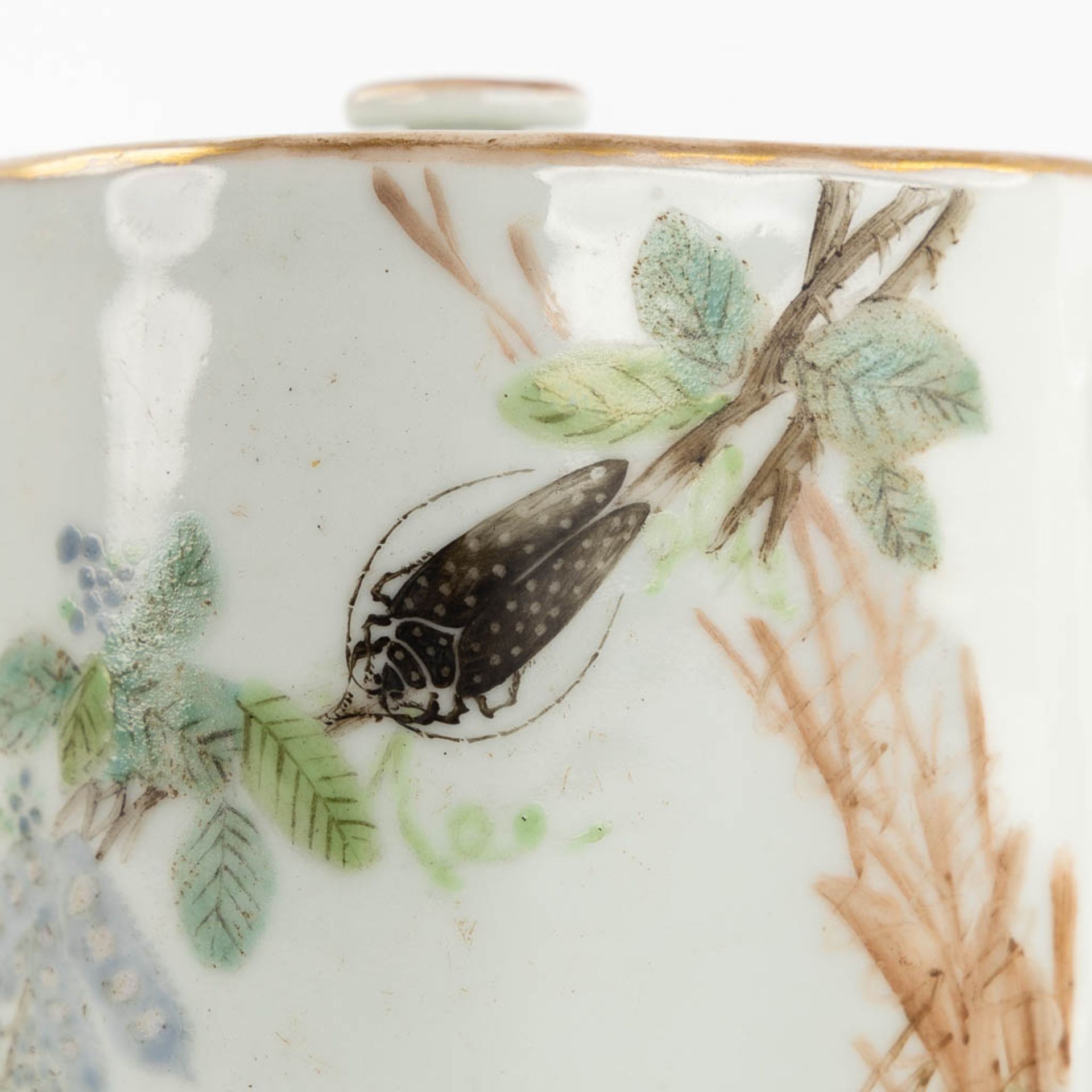A Chinese teapot decorated with Fauna and Flora. Guangxu Mark. (L:9 x W:17 x H:10 cm) - Bild 12 aus 13