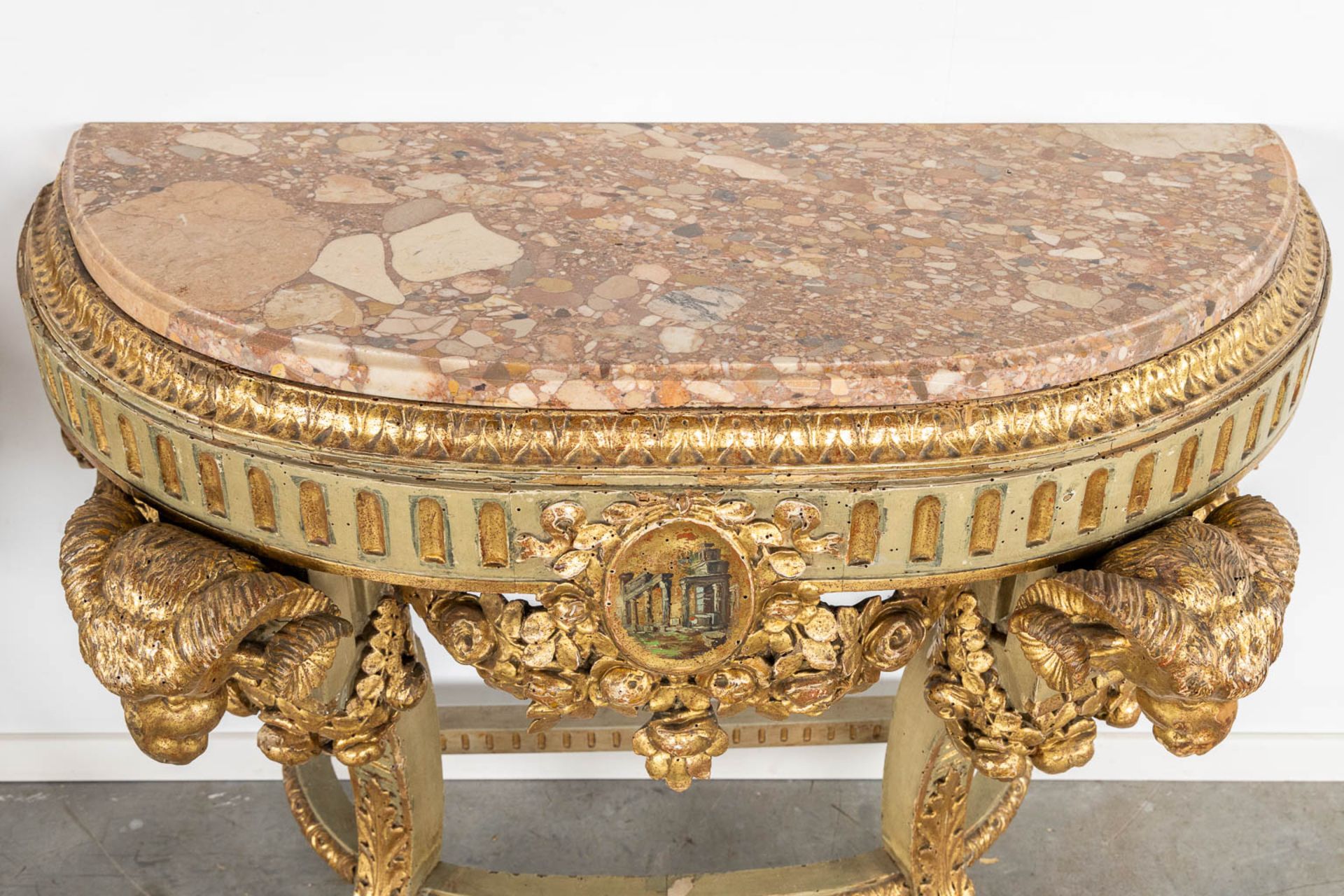A pair of console tables with ram's heads, Louis XVI style, Italy, 19th C. (L:50 x W:110 x H:84 cm) - Image 7 of 10