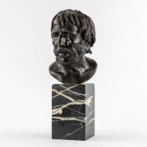 Bust of 'Pseudo-Seneca', patinated bronze mounted on a marble base. 19th C. (L:20 x W:18,5 x H:26 cm