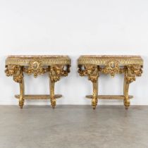 A pair of console tables with ram's heads, Louis XVI style, Italy, 19th C. (L:50 x W:110 x H:84 cm)