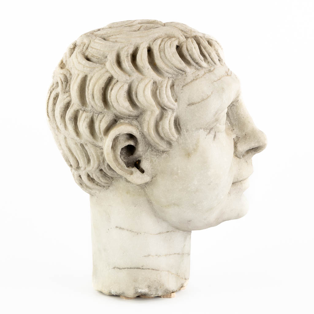 Head of a man, sculptured Carrara marble. 19th C. (L:19 x W:24 x H:30 cm) - Image 6 of 12