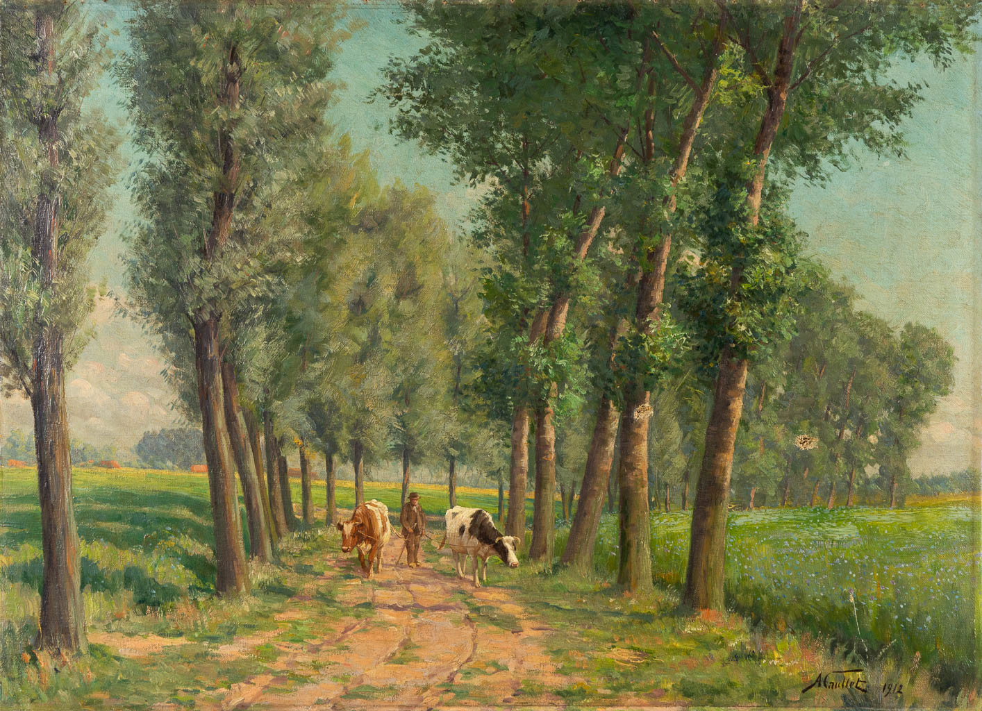 Albert CAULLET (1875-1950) 'Walking the cows' 1912. (W:89 x H:64 cm) - Image 3 of 7
