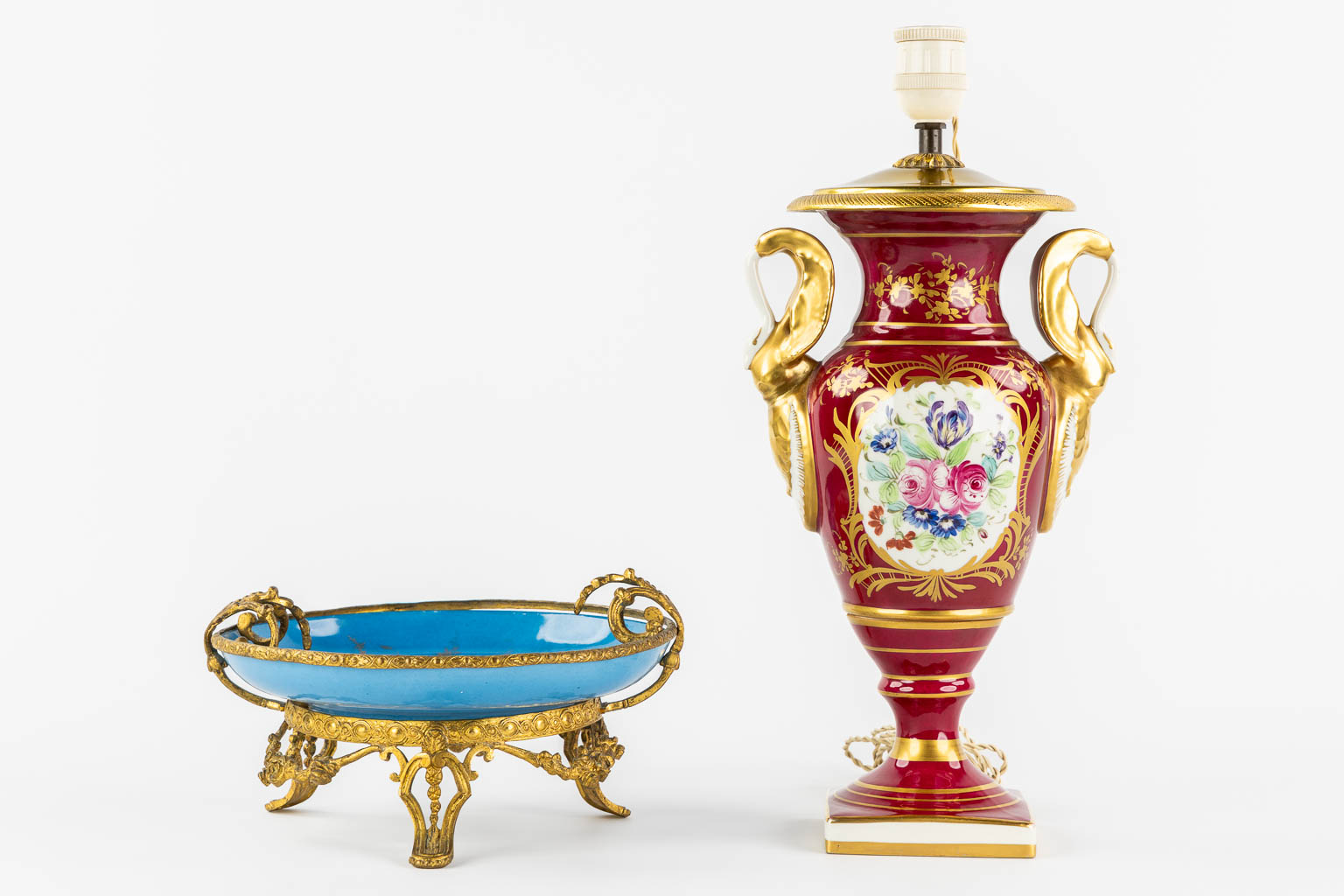 Limoges and Sèvres marks, a lamp base and a tazza with a hand-painted flower decor. (H:40 cm) - Image 3 of 14