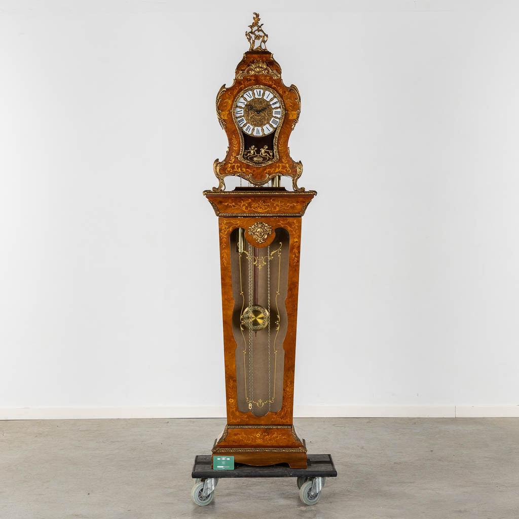A cartel clock on a pedestal, Westminster movement, marquetry inlay and mounted with bronze. (L:29 x - Image 2 of 15