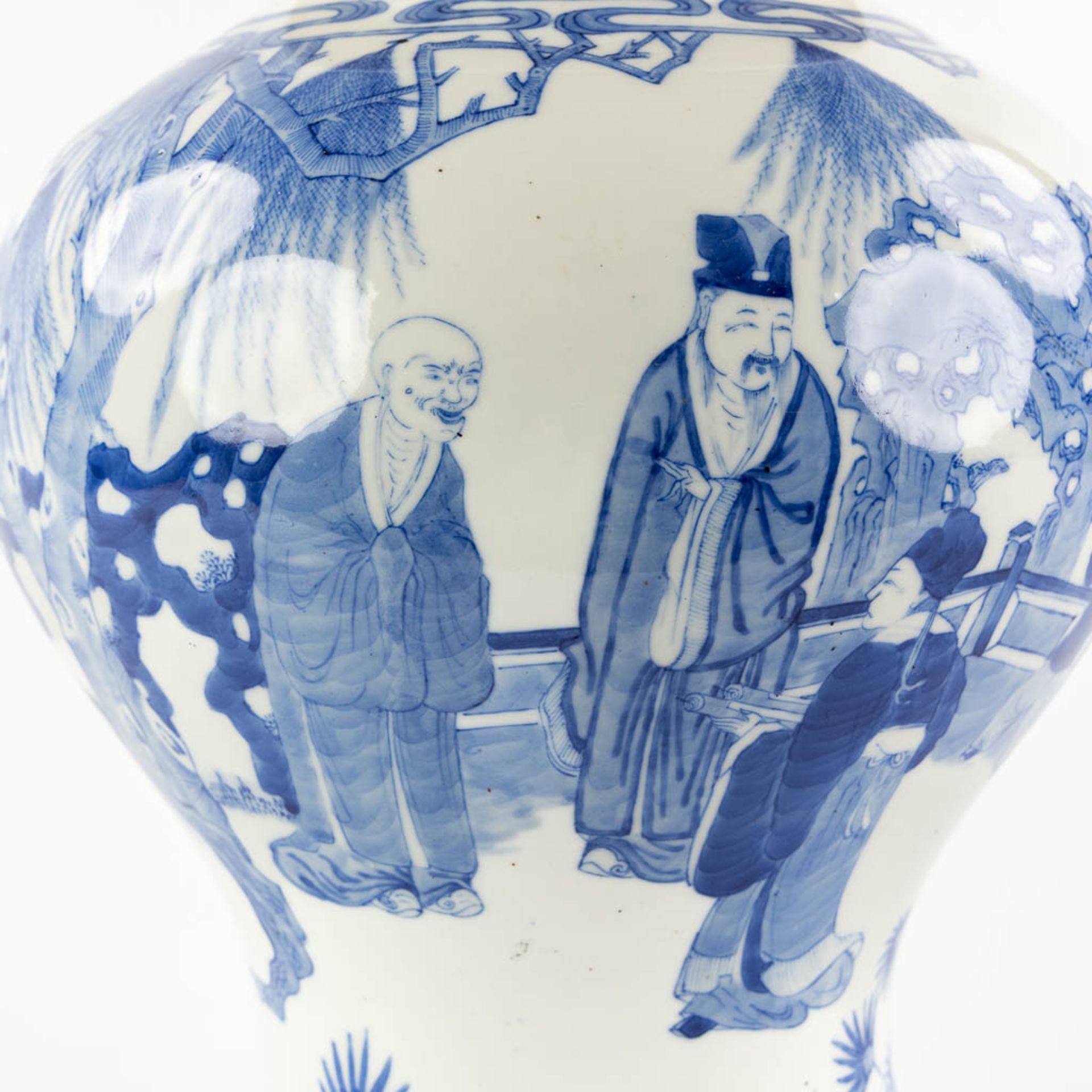 A Chinese 'Baluster' vase, blue-white decor of 'Wise Men'. (H:43 x D:29 cm) - Image 12 of 12