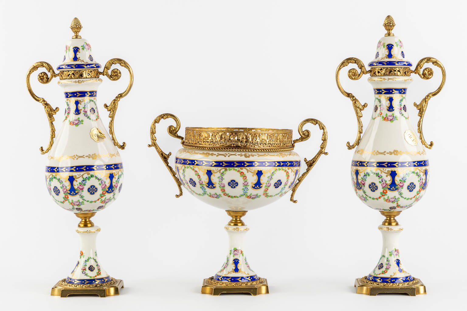 A.C.F. a three-piece mantle garniture, glazed ceramics mounted with bronze. (H:41 cm) - Image 3 of 13