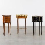 Three small side tables, marquetry and painted decor. 20th C. (L:30 x W:44 x H:71 cm)