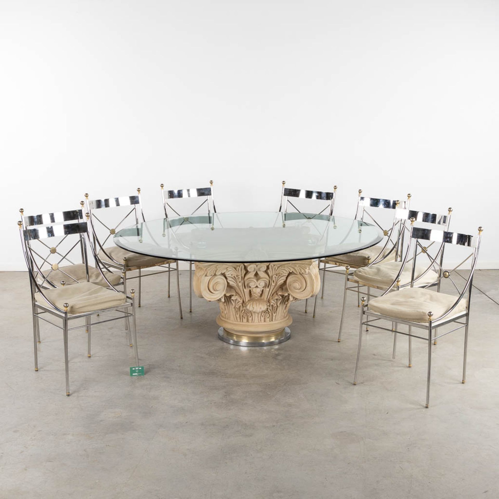 A large Resine Corinthian capitel dining room table and 8 metal chairs. (H:72 x D:180 cm) - Bild 2 aus 20