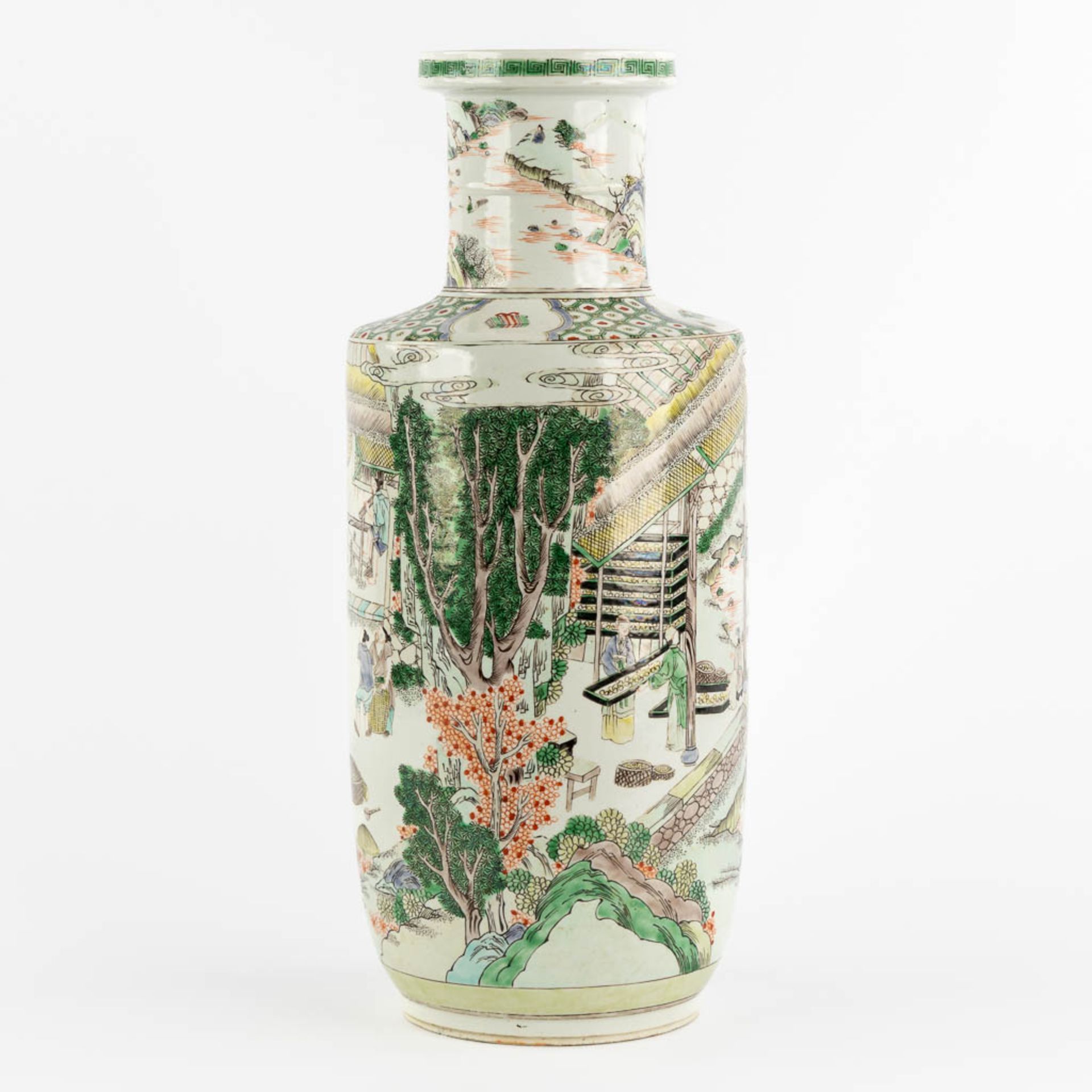 A Chinese Famille Verte 'Roulleau' vase with scènes of rice production. (H:46 x D:18 cm) - Image 6 of 13