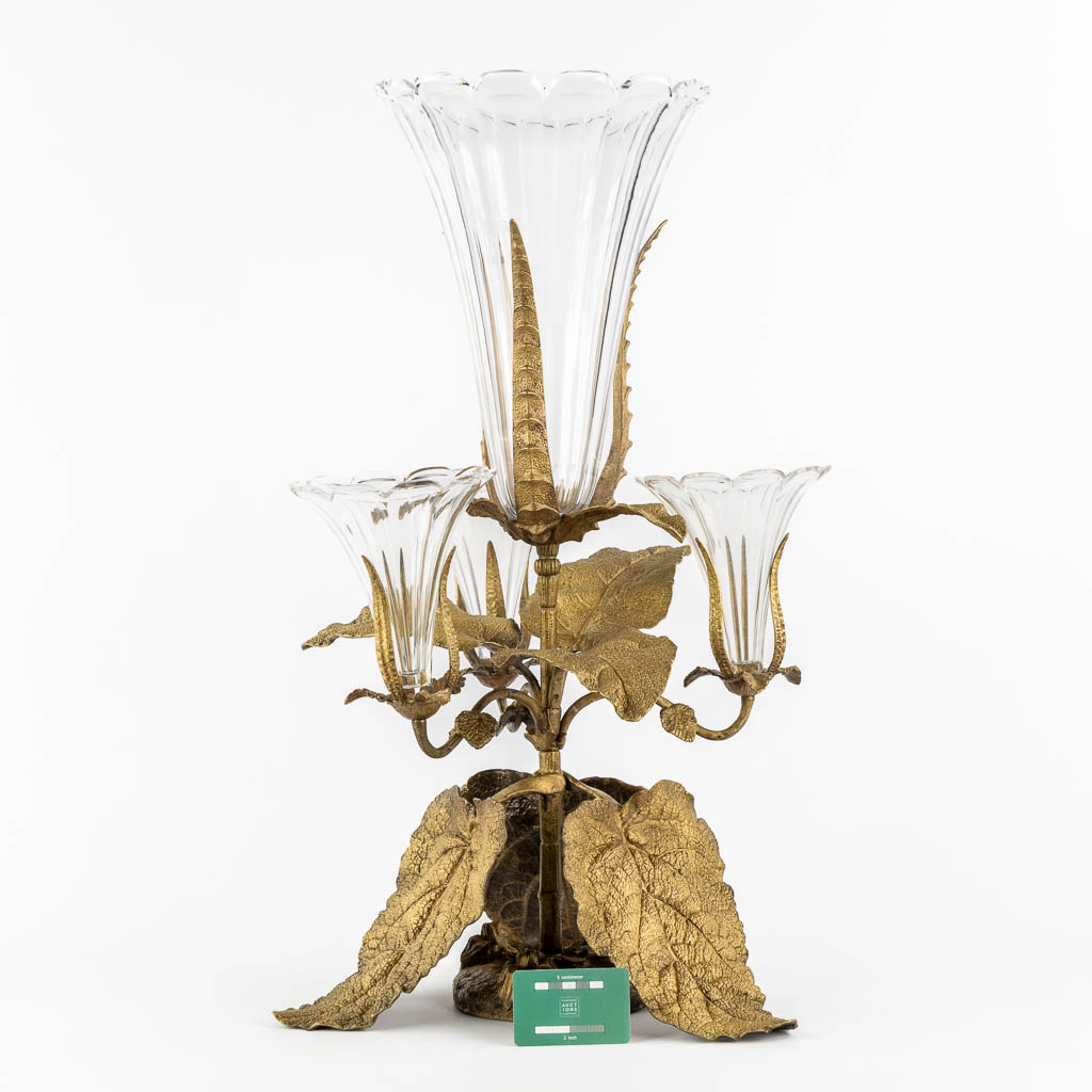 An 'Epergne' or 'Table Centerpiece', bronze and glass trumpet vases. (H:71 x D:44 cm) - Image 2 of 11