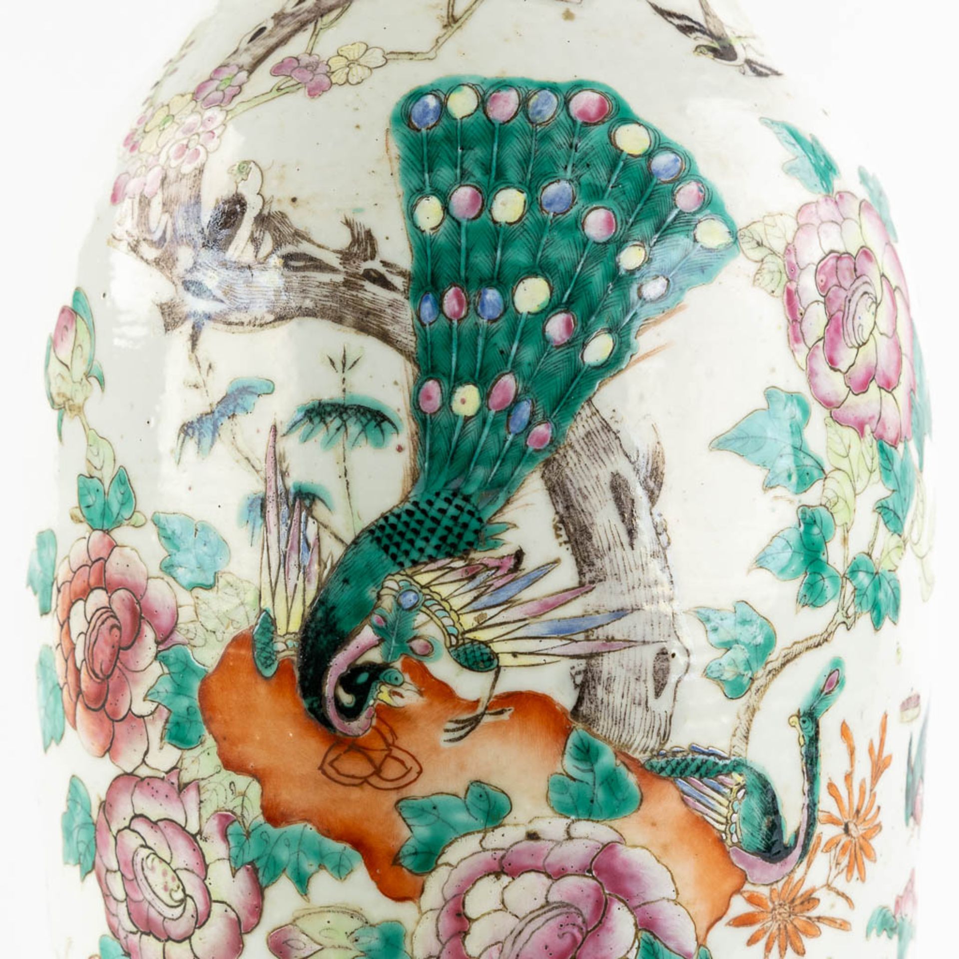 A Chinese Vase, Famille Rose decorated with Fauna and Flora. (H:60 x D:25 cm) - Image 12 of 12