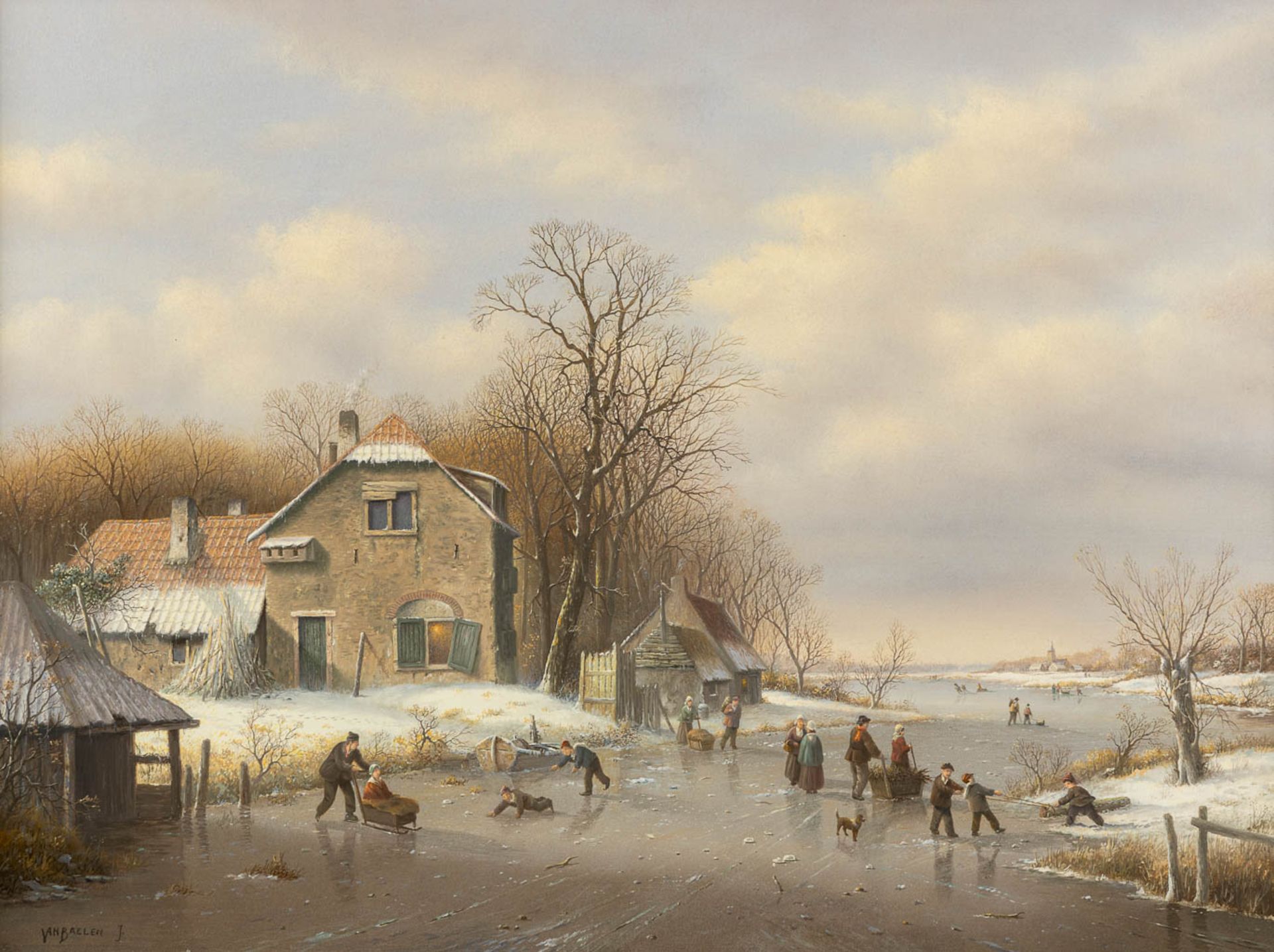 Jan VAN BAELEN (1946) 'Winter Landscape with ice skaters' . (W:80 x H:60 cm)