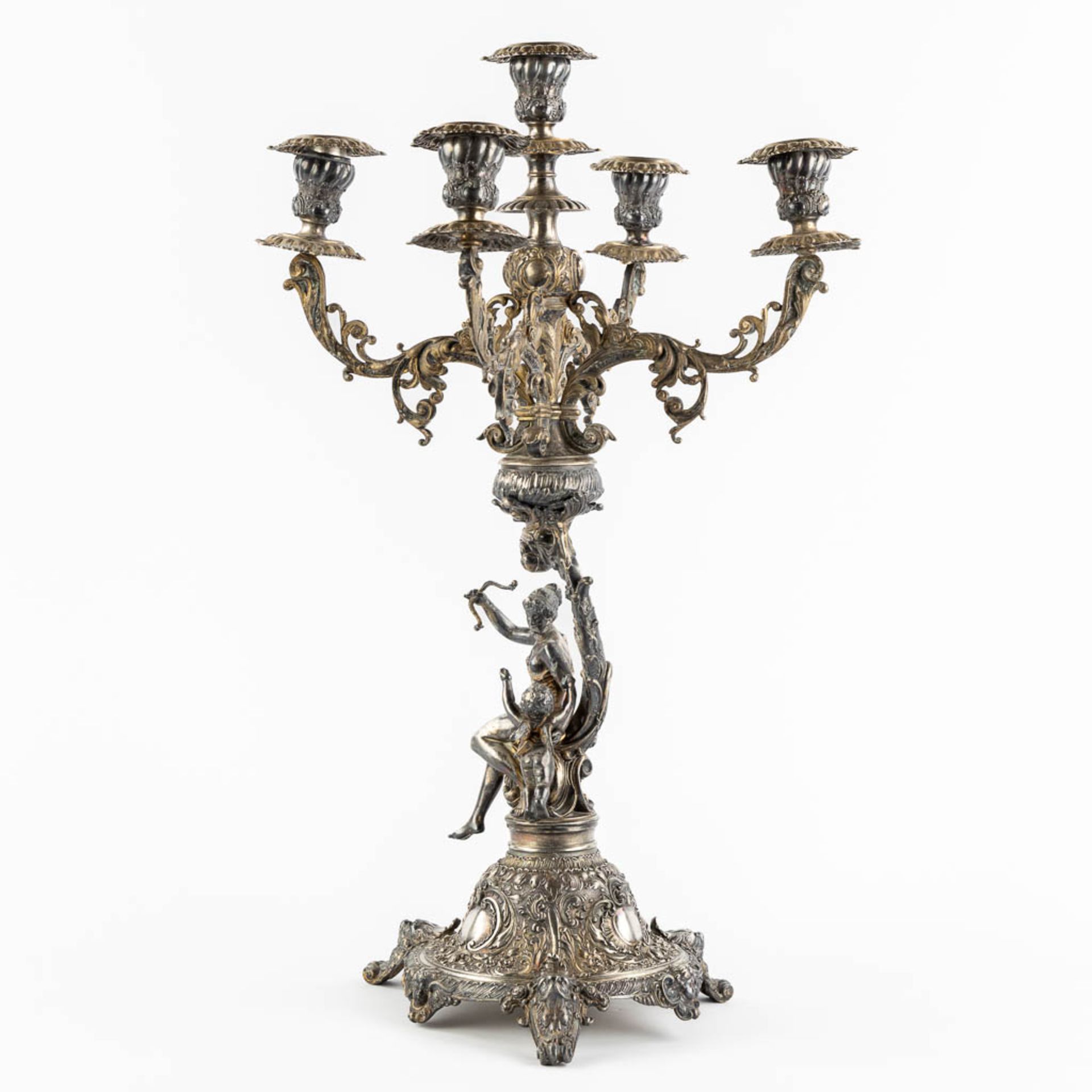 WMF, A large silver-plated candelabra, with an image of Cupid. (L:37 x W:37 x H:57 cm)