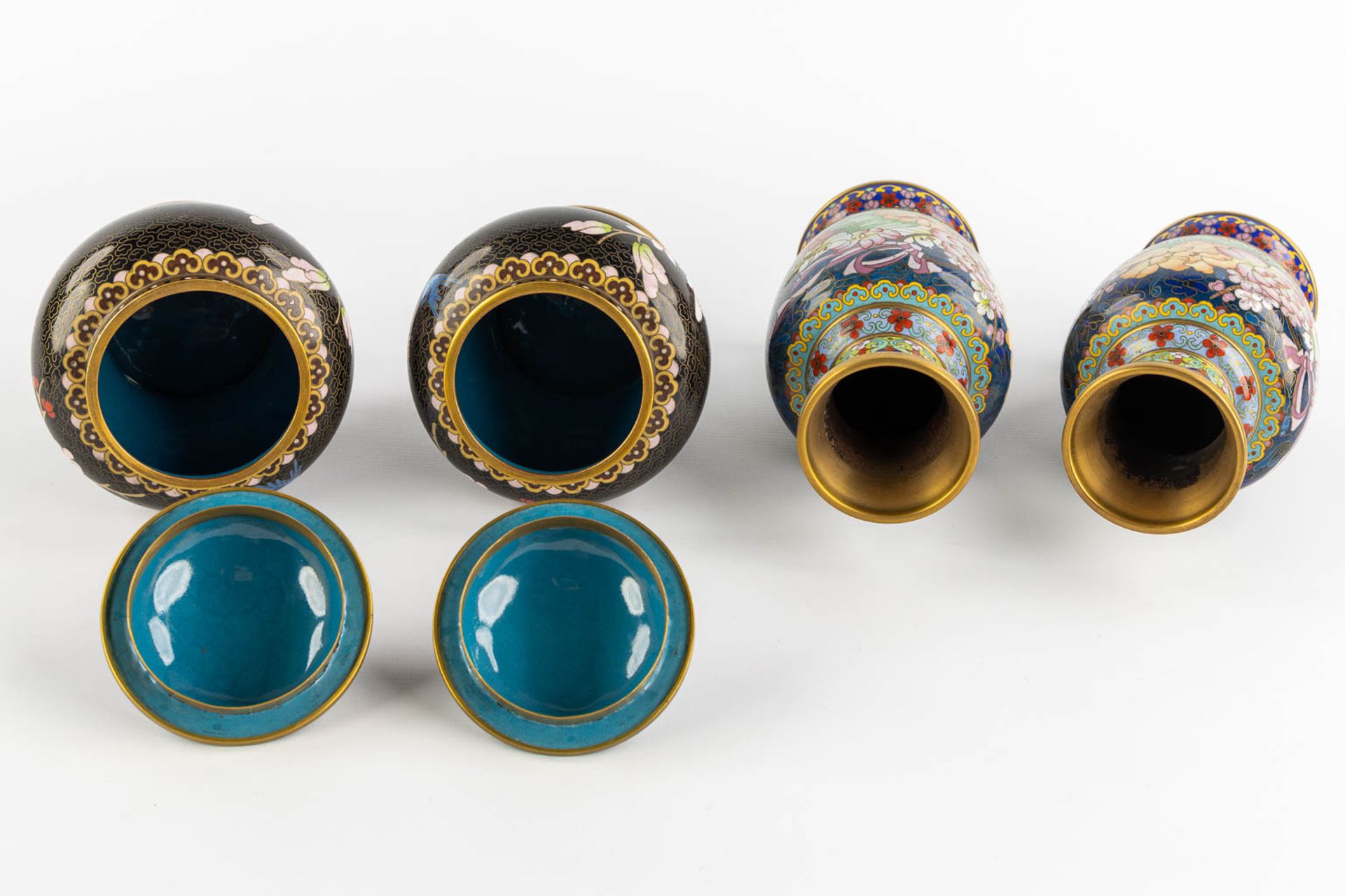 Twelve pieces of Cloisonné enamelled vases and trinklet bowls. Three pairs. (H:23 cm) - Image 13 of 14