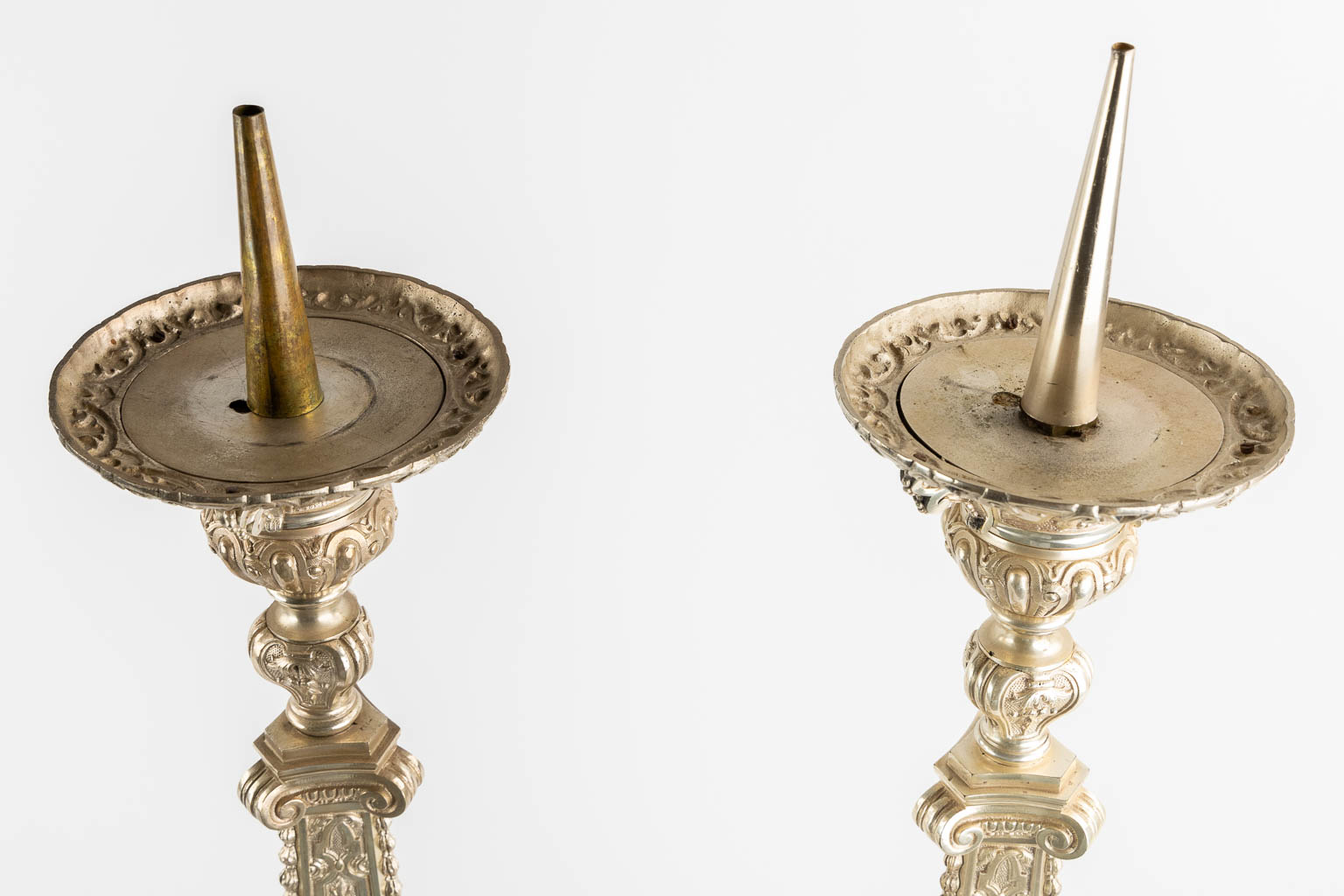 A pair of church candlesticks, silver-plated bronze. (L:24 x W:24 x H:78 cm) - Image 7 of 12